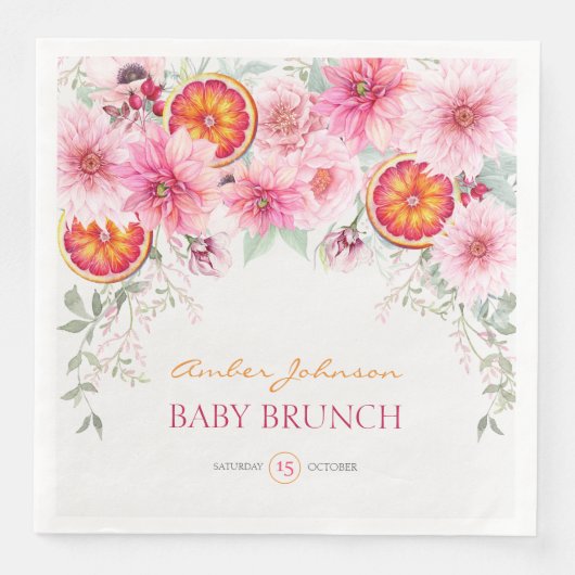 Serviette En Papier Fleurs d'aquarelle rose et Baby shower d'agrumes (Devant)