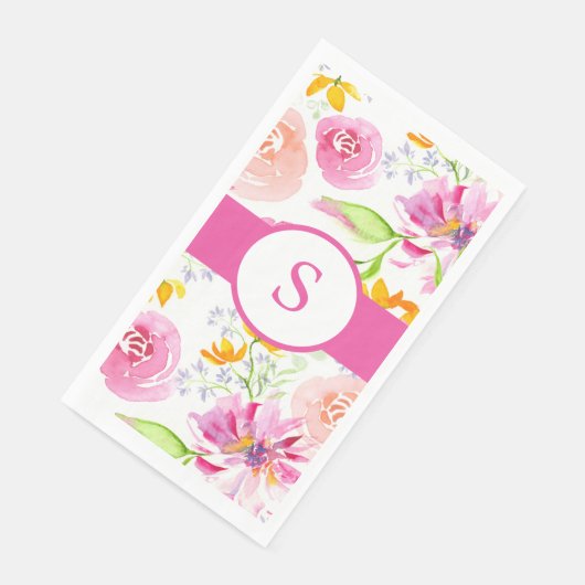 Serviette En Papier Fleurs d'aquarelle rose monogramme (Coin)