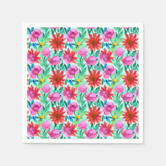 Serviette En Papier Fleurs d'aquarelle rose, rouge, vert (Devant)