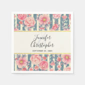 Serviette En Papier Fleurs d'aquarelle rose sur les bandes Mariage (Devant)