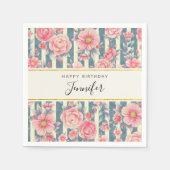 Serviette En Papier Fleurs d'aquarelle rose sur rayures Anniversaire (Devant)