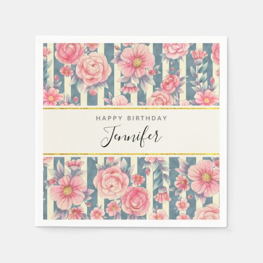 Serviette En Papier Fleurs d'aquarelle rose sur rayures Anniversaire (Devant)