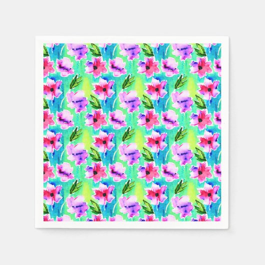 Serviette En Papier Fleurs d'aquarelle rose, violet, vert et bleu (Devant)