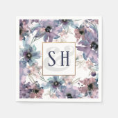 Serviette En Papier Fleurs d'aquarelle violette artistique, Monogramme (Devant)