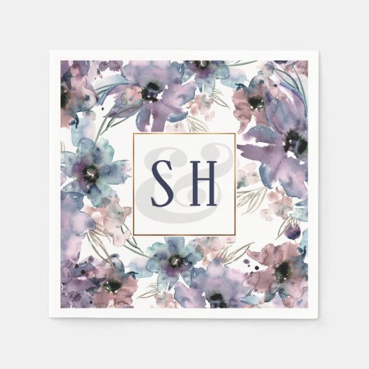 Serviette En Papier Fleurs d'aquarelle violette artistique, Monogramme (Devant)
