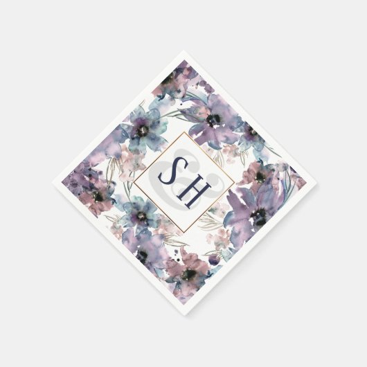 Serviette En Papier Fleurs d'aquarelle violette artistique, Monogramme (Coin)