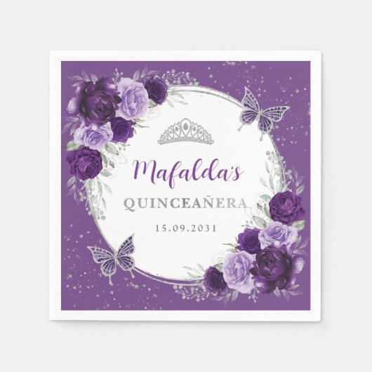 Serviette En Papier Fleurs d'argent violet Lilac Quinceanera Anniversa (Devant)