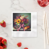 Serviette En Papier Fleurs d'automne & Ruban rouge/blanc, Papier à coc (En situation)