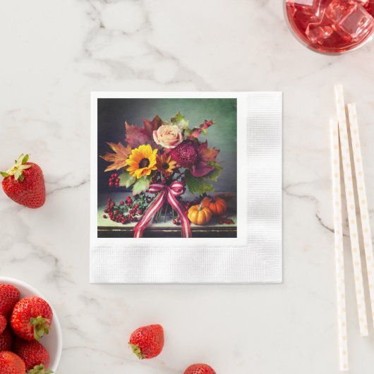 Serviette En Papier Fleurs d'automne & Ruban rouge/blanc, Papier à coc (En situation)