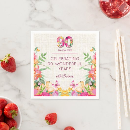 Serviette En Papier Fleurs de 90 ans Lin floral 90e anniversaire (En situation)