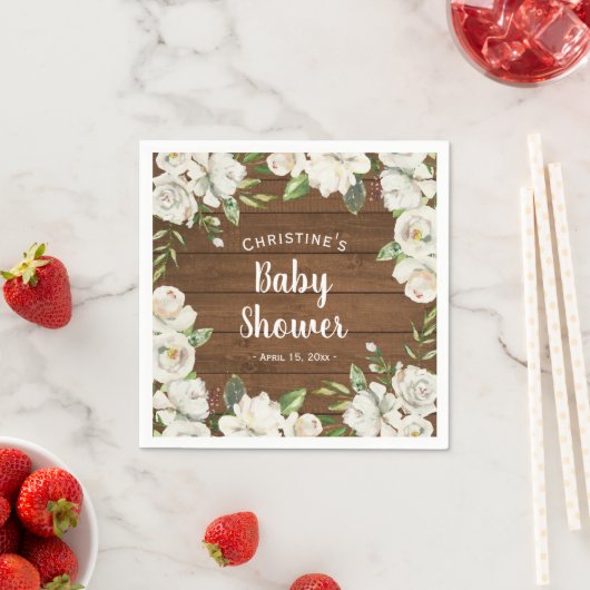 Serviette En Papier Fleurs de Baby shower en bois rustique (En situation)