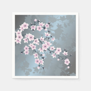 Serviette En Papier Fleurs de cerises bleues rose cendré