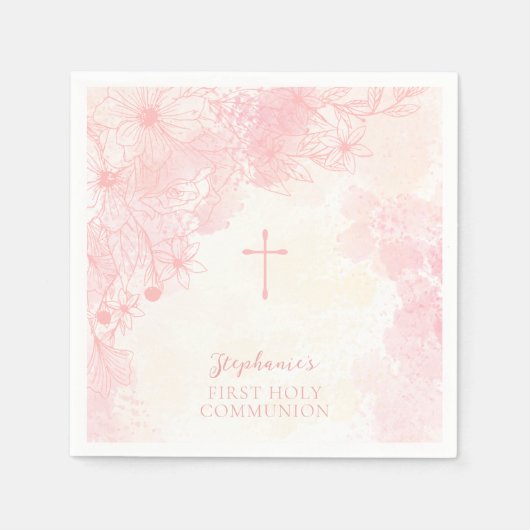 Serviette En Papier Fleurs de communion Aquarelles roses (Devant)