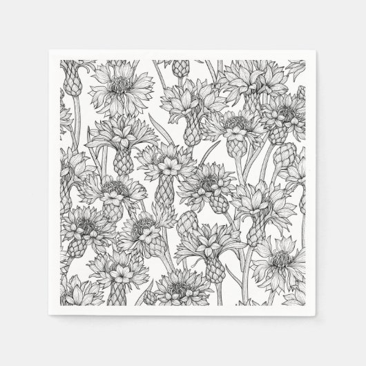 Serviette En Papier Fleurs de Cornflowers, fleurs sauvages en noir et  (Devant)