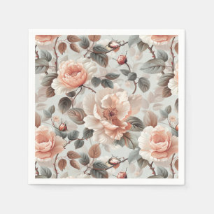 Serviette En Papier Fleurs de crème avec feuilles gris sur un gris cla