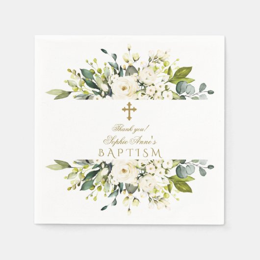 Serviette En Papier Fleurs de crème blanche délicates Croix d'or Baptê (Devant)