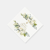 Serviette En Papier Fleurs de crème blanche délicates Croix d'or Baptê (Coin)