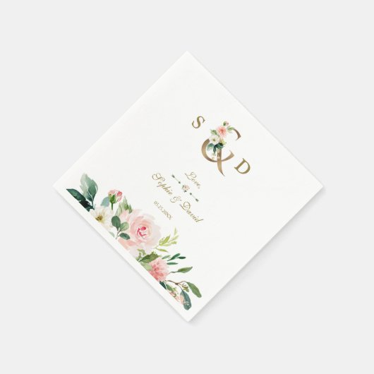 Serviette En Papier Fleurs de crème rose pâle Mariage d'esperluette or (Coin)