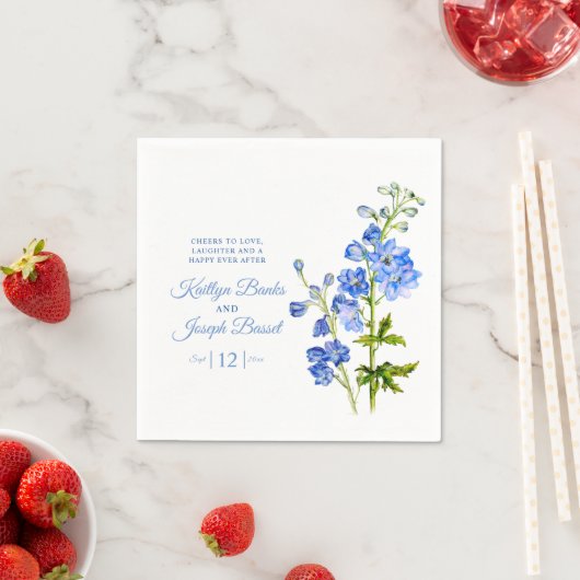 Serviette En Papier Fleurs de Delphinium bleu aquarelle art mariage (En situation)