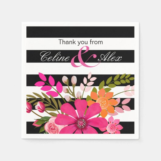 Serviette En Papier Fleurs de Folklore rayées noir et blanc | fuchsia (Devant)