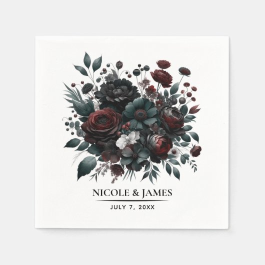 Serviette En Papier Fleurs de Forêt Moody foncé Élégant Mariage Floral (Devant)