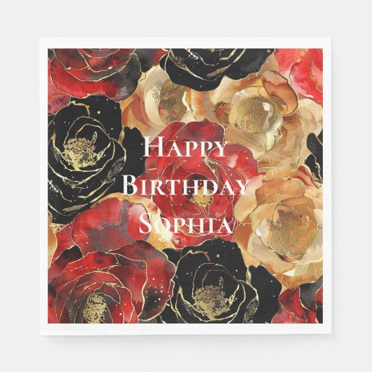Serviette En Papier Fleurs de glam rouge or Anniversaire (Devant)