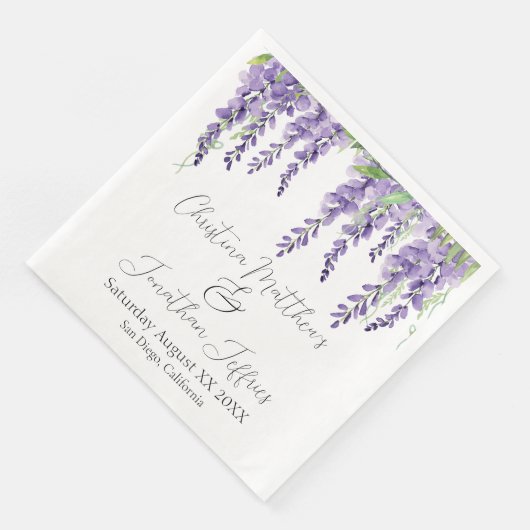 Serviette En Papier Fleurs de glycine violette sur blanc Élégant (Coin)