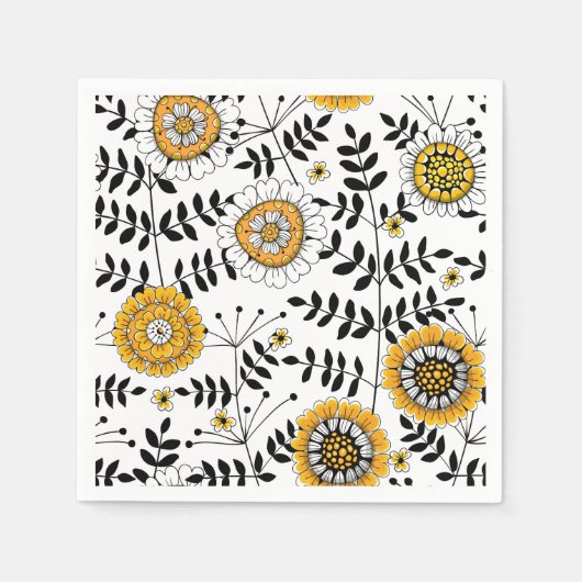 Serviette En Papier Fleurs de gribouillis et feuilles en jaune et noir (Devant)