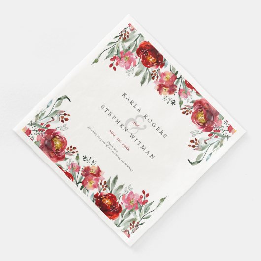 Serviette En Papier Fleurs de Jardin rouge profond Aquarelles Cadre (Coin)
