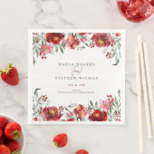 Serviette En Papier Fleurs de Jardin rouge profond Aquarelles Cadre (En situation)