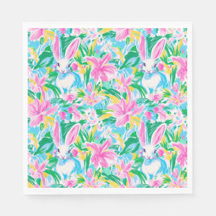 Serviette En Papier Fleurs de lapins de printemps de Pâques Preppy