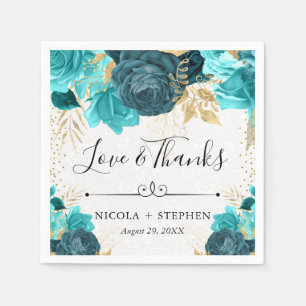 Serviette En Papier Fleurs de mariage à l'aquarelle turquoise et or