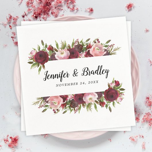 Serviette En Papier Fleurs de mariage bordeaux blush rustique