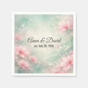 Serviette En Papier Fleurs de mariage d'anniversaire sur vert menthe