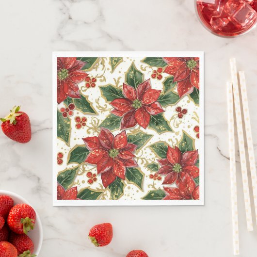 Serviette En Papier Fleurs de Noël Rouge Poinsettia (En situation)