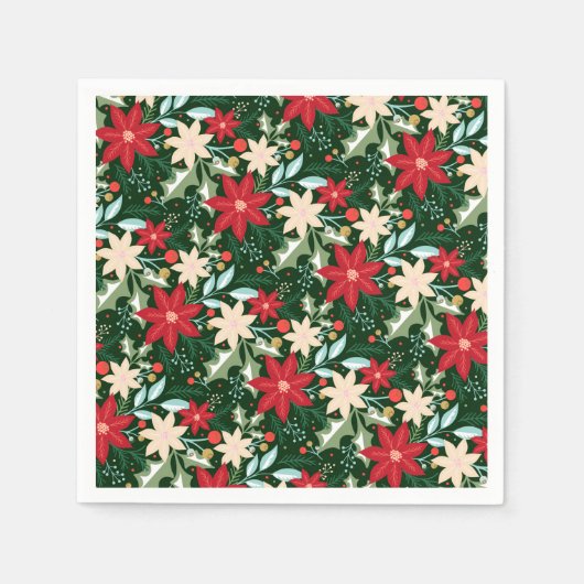 Serviette En Papier Fleurs de Poinsettia et Noël Feuille (Devant)
