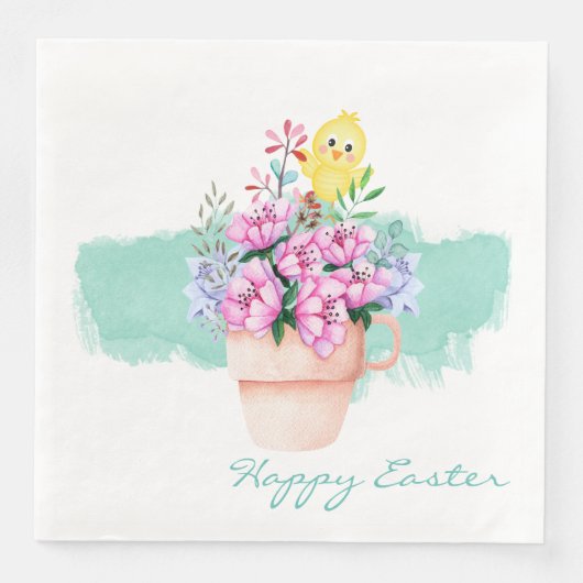 Serviette En Papier Fleurs de printemps avec poussins de Pâques (Devant)