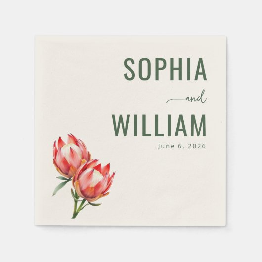 Serviette En Papier Fleurs de Protéa Vertes Élégantes (Devant)