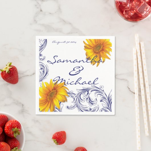 Serviette En Papier Fleurs de soleil bleu royal orange (En situation)