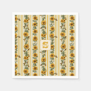 Serviette En Papier Fleurs de soleil et papillons sur bandes jaunes