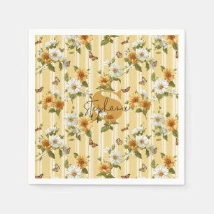 Serviette En Papier Fleurs de soleil et papillons sur bandes jaunes (3