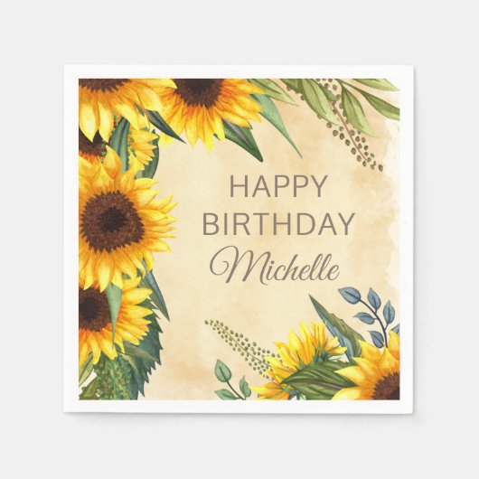 Serviette En Papier Fleurs de soleil Jaunes Rustiques Personnalisé Joy (Devant)