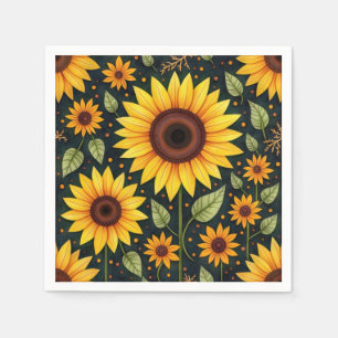Serviette En Papier Fleurs de soleil jaunes sur le noir