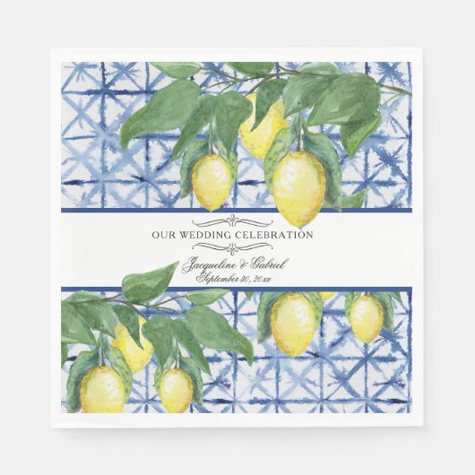 Serviette En Papier Fleurs de verdure de citron Bleu Blanc Mariage élé (Devant)