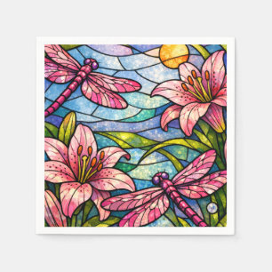 Serviette En Papier Fleurs de verre teinté de lys et libellules rose