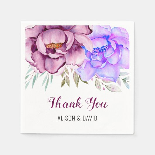 Serviette En Papier Fleurs d'eau violet et bleu mariage fleuri (Devant)