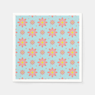 Serviette En Papier Fleurs délicates de marguerite rose corail et bleu