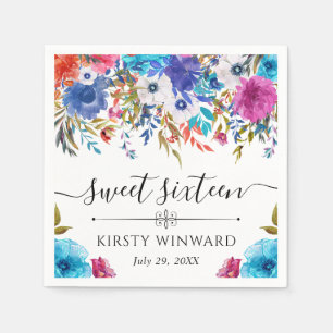 Serviette En Papier Fleurs d'été bleues et roses Sweet Sixteen