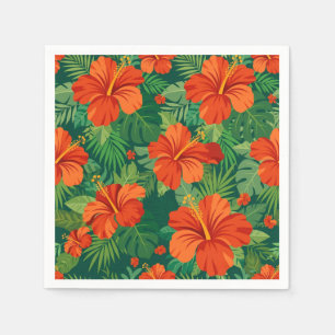 Serviette En Papier Fleurs d'Hibiscus Rouge Orange Vert Feuillage de l