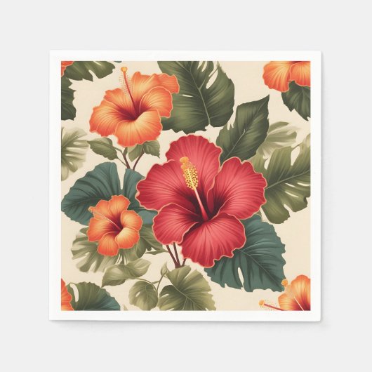 Serviette En Papier Fleurs d'Hibiscus Tropiques Rétro (Devant)